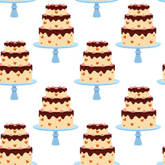 Beautifully designed cake pattern featuring tiered cakes on stands with hearts and frosting