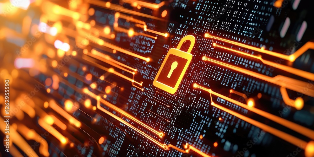 Poster data encryption symbolized by a digital lock surrounded by binary code and glowing circuit lines, co