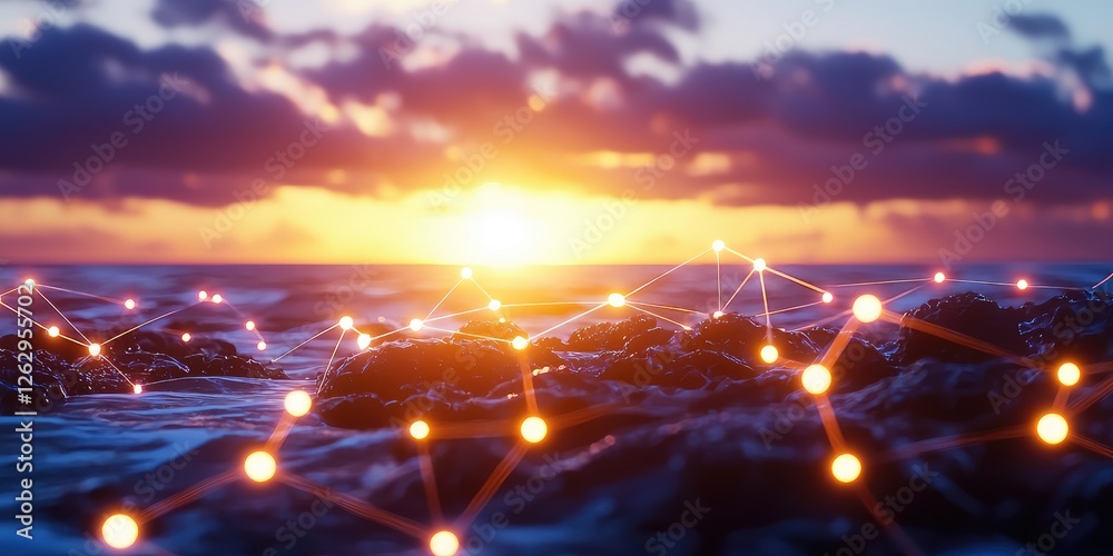 Poster dynamic line connection in silhouette against a vibrant sunset over crashing ocean waves, minimalist