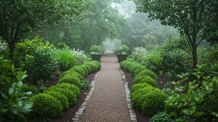 Serene Pathway Through Lush Green Garden in Morning Fog