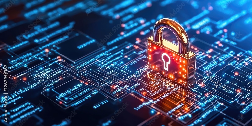 Fototapete Data encryption concept showcasing a digital lock over encrypted files, featuring a user authentication interface and glowing integrity symbols, neutral background