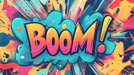 A comic-style explosion with "BOOM!" in bold, colorful letters surrounded by jagged edges and vibrant patterns.