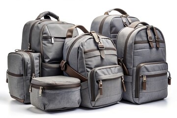 Naklejka premium Grey backpacks: a collection photographed in architectural settings.