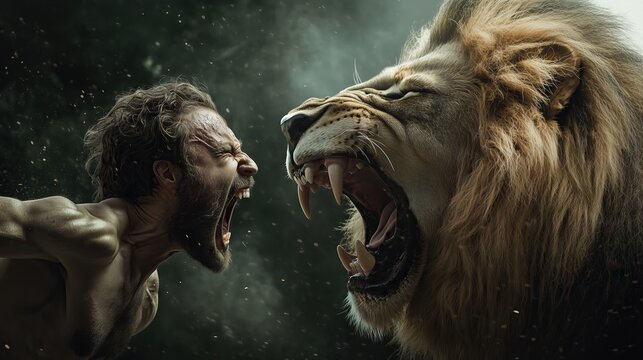 Angry man fighting with a lion, portrait face to face