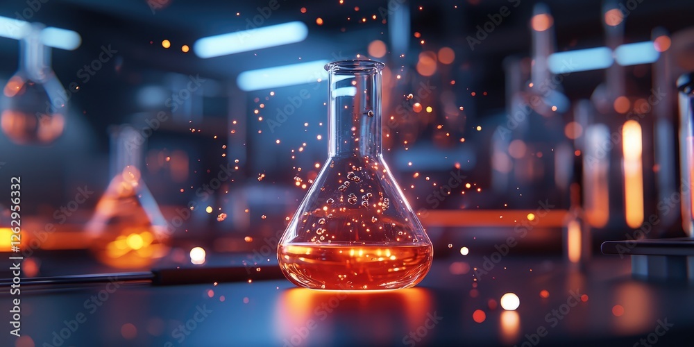 Poster science beakers analysis experiment vibrant liquids bubbling in a modern laboratory setting