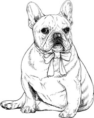 French bulldog and bow hand drawn doodle line art illustration