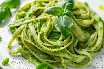 Fettuccine with basil pesto and fresh basil leaves. Neural network AI generated