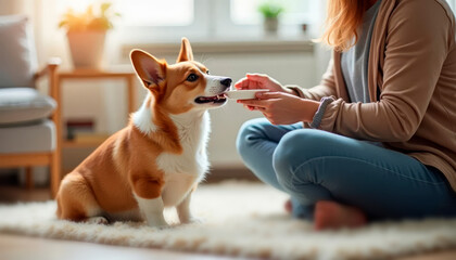 cropped shot of woman feeding welsh corgi dog at modern home