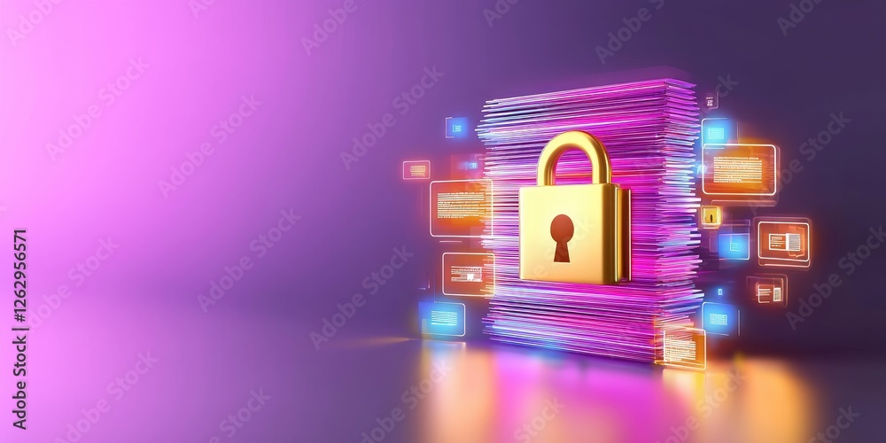 Poster data encryption concept showcasing a digital lock over encrypted files, featuring a user authenticat