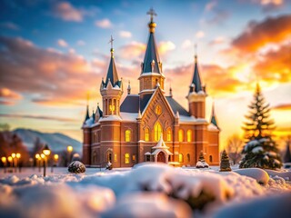 Fototapeta premium Golden hour, Provo City Center Temple, blurred beauty.