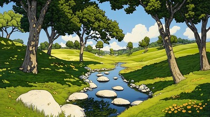 Summer Creekside Meadow: Digital Painting of a Sunny Day Landscape AI Generated
