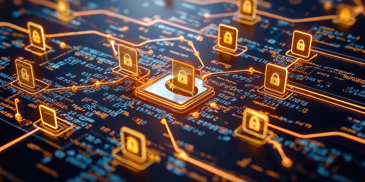 a secure server with encrypted file icons, emphasizing user authentication credentials and data integrity shields on a sleek, neutral backdrop