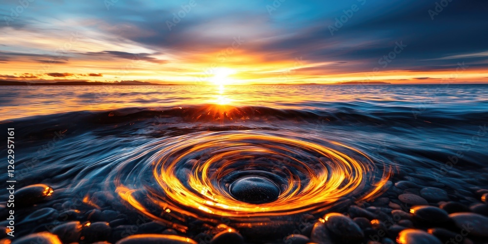 Poster abstract line connection intertwined with vibrant sunset hues and swirling ocean waves, tranquil coa
