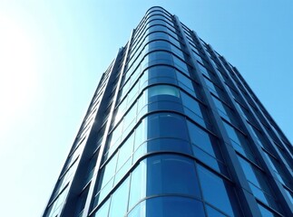 Obraz premium Futuristic Glass High-Rise Building, Steel Windows, Blue Sky
