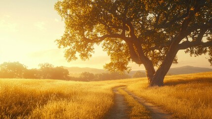 Fototapeta premium Serene Landscape with Majestic Tree at Golden Hour Sunset Glow