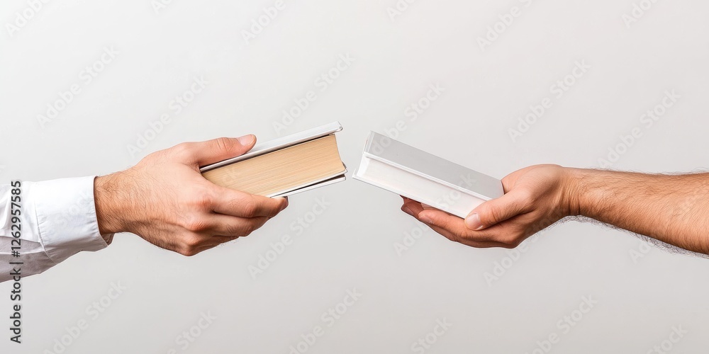 Poster a close-up of hands exchanging books and technology on a neutral background, representing the evolut