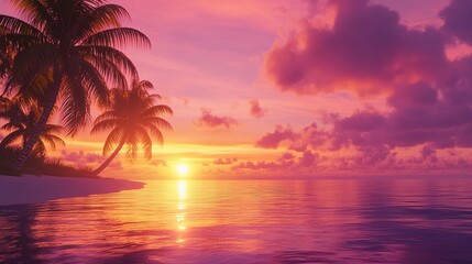 Tropical Sunset Over Calm Ocean With Palm Trees