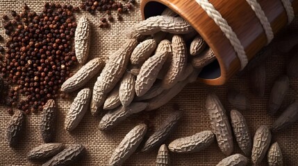 A Rustic Flat Lay Presentation of Whole and Ground Long Pepper on Textured Fabric Background
