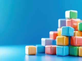 Obraz premium A colorful stack of toy building blocks arranged playfully against a bright blue background, ideal for children's educational play.