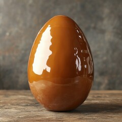 Decorative caramel-colored egg on wooden surface.