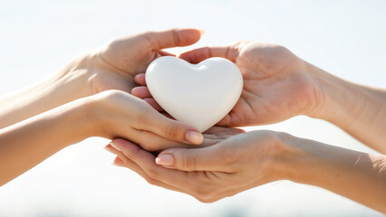 Obraz premium Hands of friends sharing a heart symbol in a healing moment against a bright background