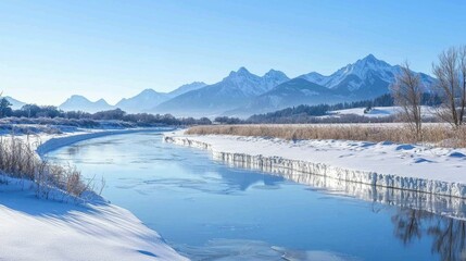 Obraz premium Serene Winter Landscape with Snow-Covered River and Mountains