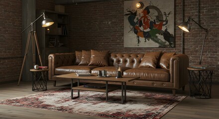 Cozy Living Room Interior with Leather Couch and Brick Wall