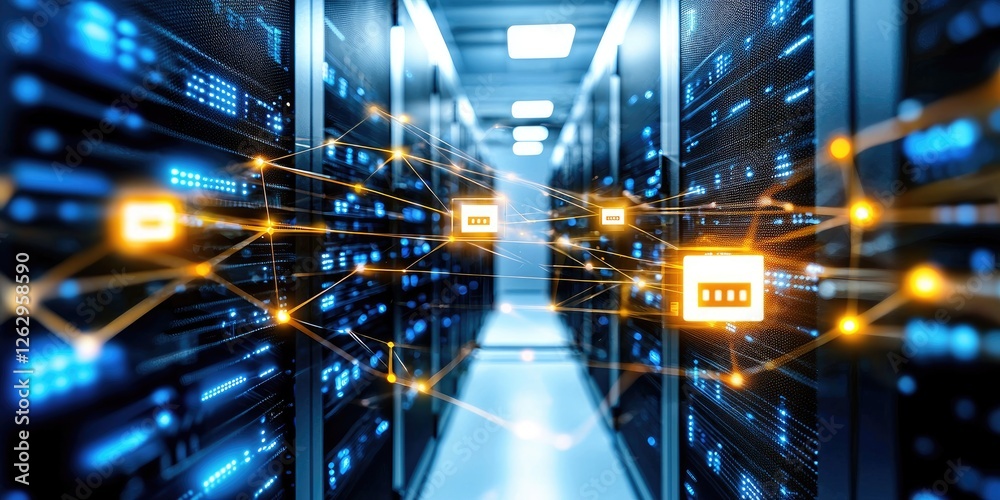 Poster a secure server room with illuminated data encryption systems and network safety elements, emphasizi
