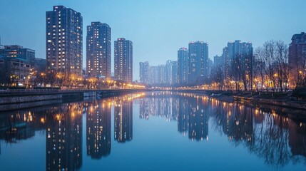 Naklejka premium Urban Cityscape at Dusk with Reflections on Calm Water Surface