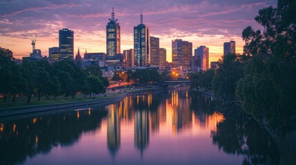 Fototapeta premium Stunning Cityscape of Melbourne at Dusk with Reflective Water