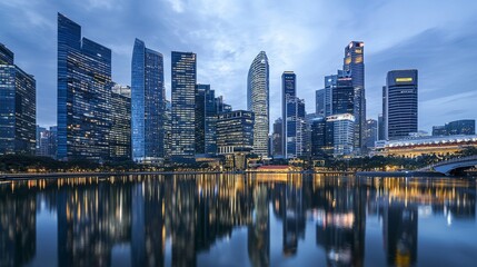 Naklejka premium Modern Urban Skyline Reflection at Twilight Over Calm Water