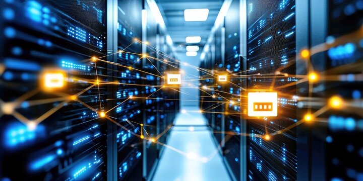 a secure server room with illuminated data encryption systems and network safety elements, emphasizing reliable data protection, with minimalistic surroundings