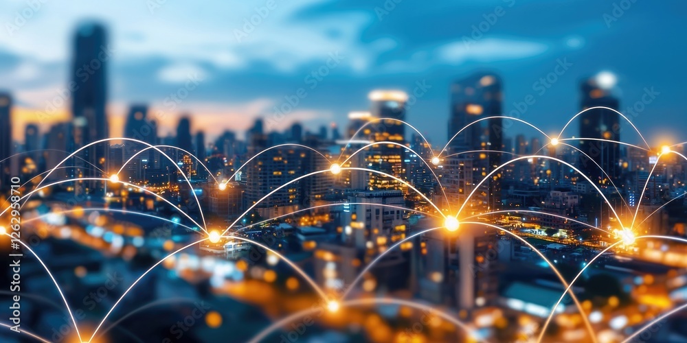 Poster line connection weaving through a vibrant urban skyline illuminated by evening lights, showcasing a 