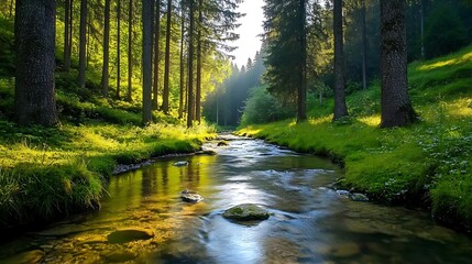 Obraz premium Serene Forest Stream at Golden Hour: Nature Photography AI Generated