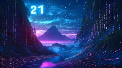 A Captivating Digital Landscape Transformed by Raining Blue Neon Binary Numbers in an Abstract Universe