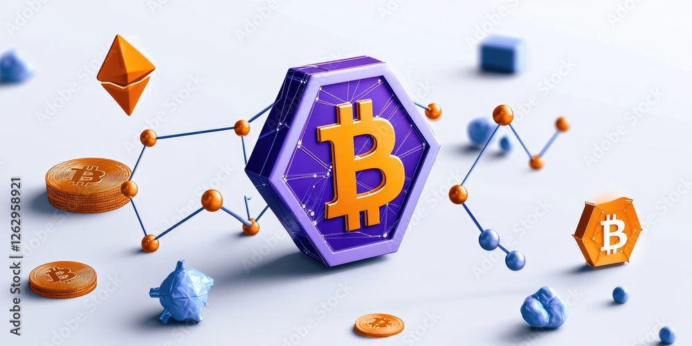 Poster visual representation of blockchain transactions and smart contracts in finance, featuring a secure 