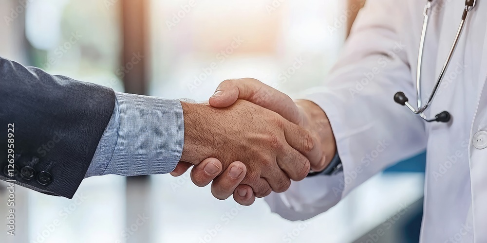 Poster confident businessman discussing a contract with a client over a polished table, emphasizing negotia
