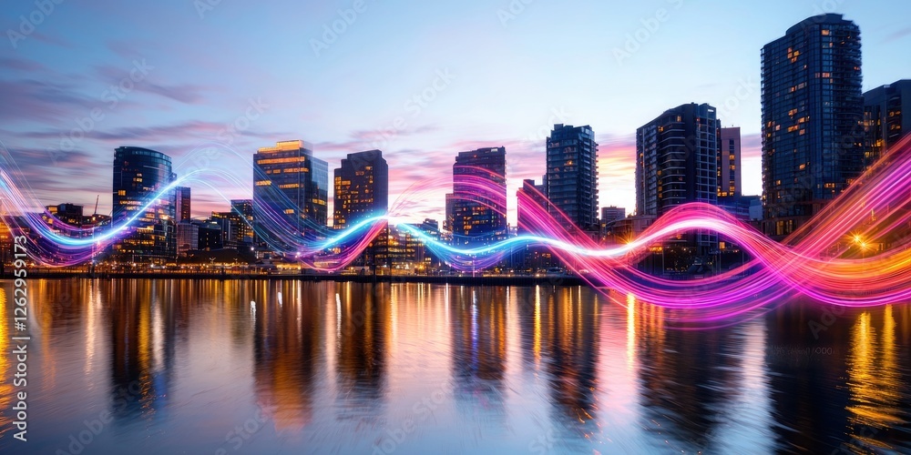 Poster dynamic line connection contrasting against a glowing urban skyline at dusk, with reflections on wat