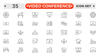 Video Conference set outline icon. Live webinar icons for web and mobile app. Containing conference, business meeting, classroom, team, interview, conference, work, discussion, Video call.