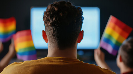 person sitting in front of computer screen with others holding rainbow flags, symbolizing pride and inclusivity
