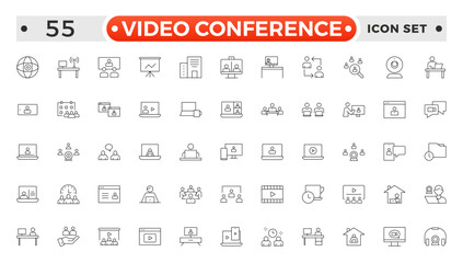 Video Conference set outline icon. Live webinar icons for web and mobile app. Containing conference, business meeting, classroom, team, interview, conference, work, discussion, Video call.