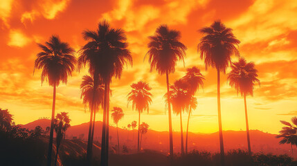 Palm Trees at Sunset with Fiery Sky