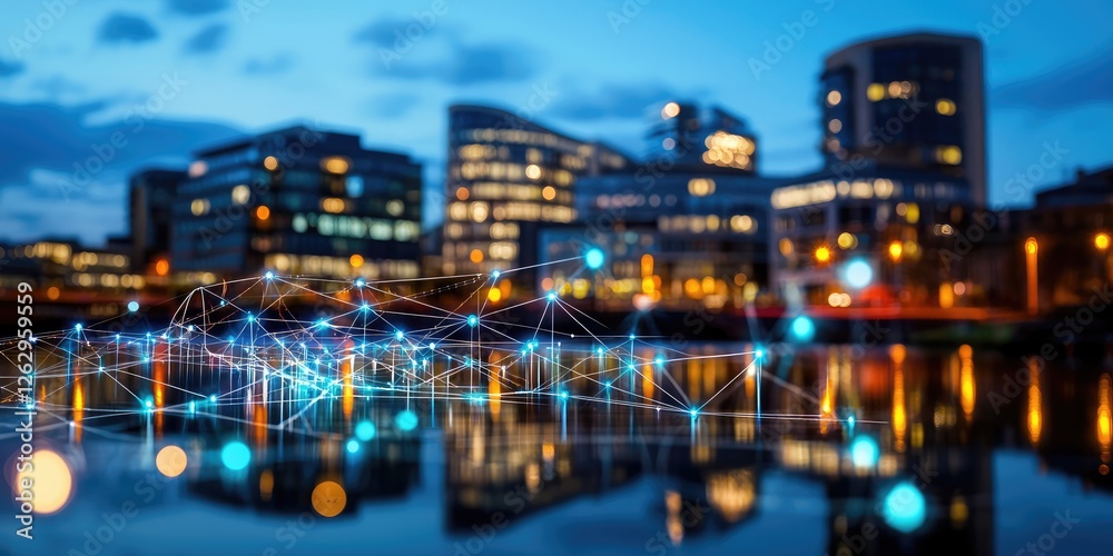 Aufkleber dynamic line connection contrasting against a glowing urban skyline at dusk, with reflections on wat