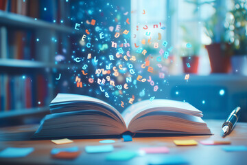 open book with flying letters from it. foreign language book. still life with books