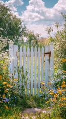 Charming White Picket Gate Surrounded by Vibrant Flower Garden