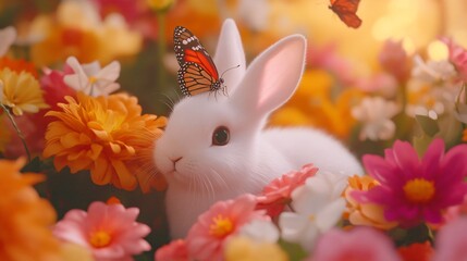 White Easter bunny with monarch butterfly among spring cosmos flowers. Spring photo for Easter, Earth day, Spring equinox, First day of spring, Animal day