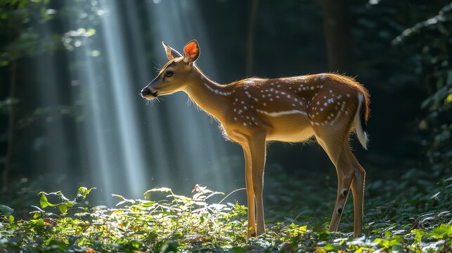 Spotted deer fawn sunlit forest nature wildlife - Powered by Adobe