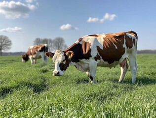 Obraz premium Cows on the grassland, a sunny day in summer, a clear blue sky, cows grazing peacefully, a green meadow with various cow breeds.