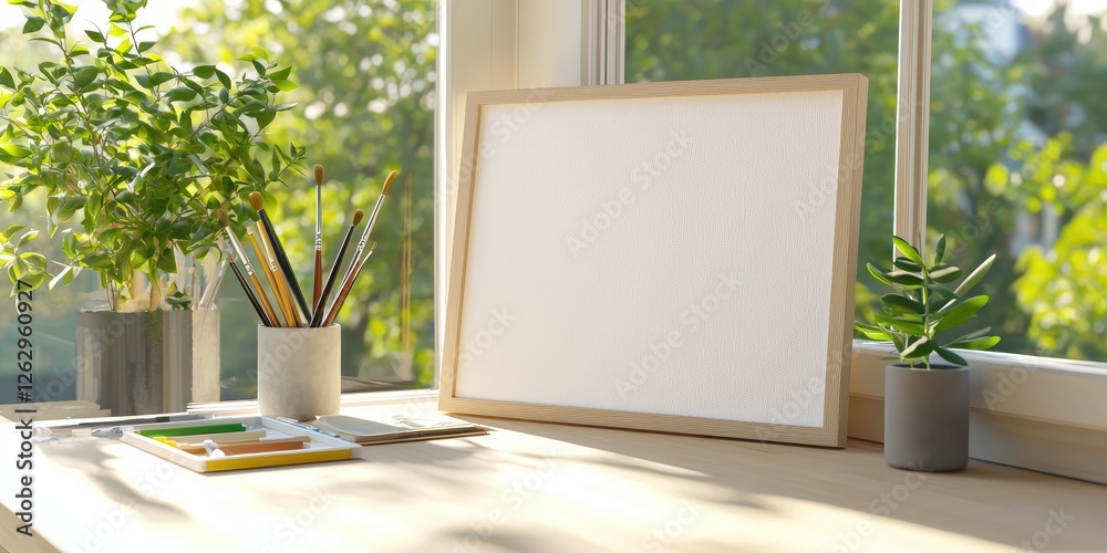 Poster Cozy workspace featuring a creative line connection through artistic tools and bright natural light, neutral background
