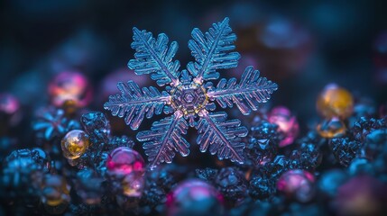 Stunning Close up of a Single Ice Crystal Snowflake on a Bed of Sparkling Crystals